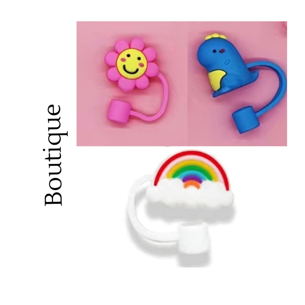 3 Piece Dinosaur, Smiley Flower, & Rainbow Simple Modern Straw Covers